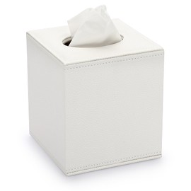 OGANAZI PU Leather Square Facial Tissue Holder Box, Cube Tissue Box Cover Case, Decorative Tissue Storage Organiser for Home Office Restaurant and Car, 13.5*13.5*14.5cm, White, Lychee Peel Pattern