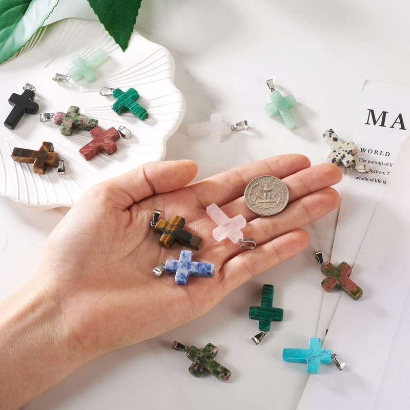 PandaHall 24pcs Cross Gemstone Pendants Crucifix Cross Dangle Charms with