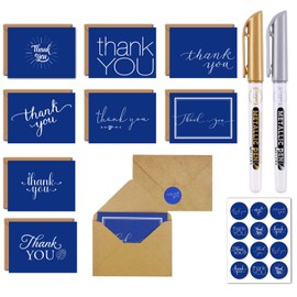 24 Pack Greetings Thank You Cards Set with Brown Kraft-Style Envelopes, Sealing Stickers and 2 Metallic Color Craft Pens-Gold and Silver (Navy Blue)