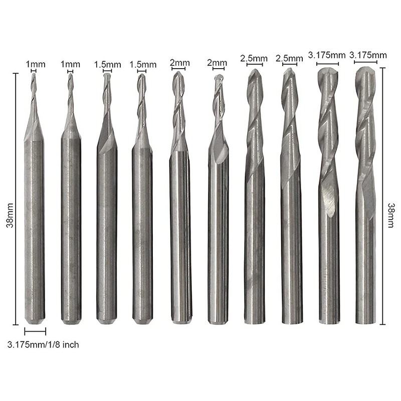 10PCS Ball Nose Twist End Mill Carbide End Mill Set