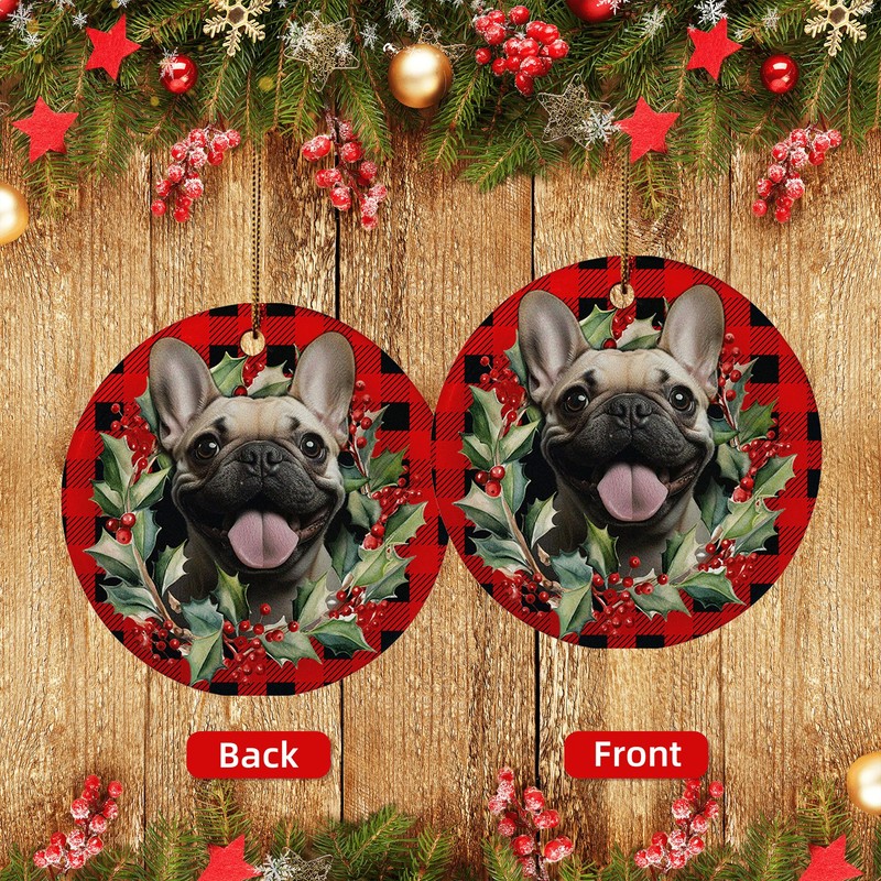 Vcmaluco French Bulldog Ornaments, 1Pcs Ceramic Christmas Ornaments, Red, Christmas