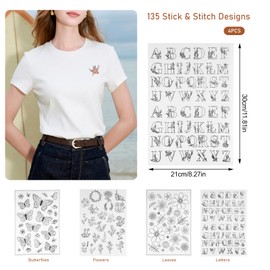 GHLAECM 4 Sheets Water Soluble Embroidery Templates 134 Designs - Flowers, Letters & Plants Washing Up Ideal for DIY, Beginners, Fabric Embroidery, Bag and Hat Embellishment