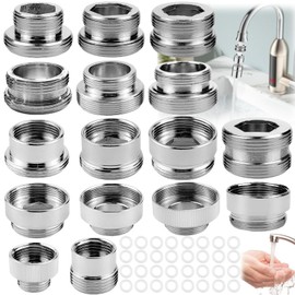 Liekadijiae 16 Piece Tap Adaptor, Tap Aerator Connector, Metal Tap Thread Adapter, Tap Adapter Set, Tap Thread Adapter for Water Filter (with 32 Spacers)
