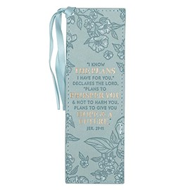 Christian Art Gifts Faux Leather Bookmark: I Know The Plans I Have for You - Jeremiah 29:11 Inspirational Bible Verse, Teal with Satin Ribbon