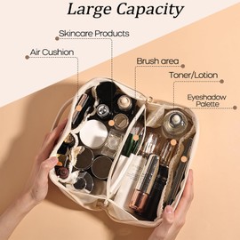 CCAIPU Travel Makeup Bag, Large Capacity Cosmetic Bags for Women PU Leather Waterproof Toiletry Bag Portable Pouch Open Flat Make up Bag with Handle (Brown)