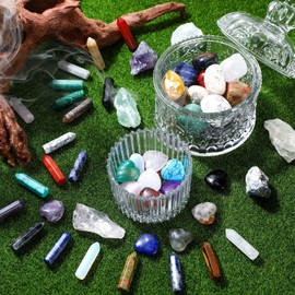 Liliaafar 65 Pcs Gemstones and Natural Crystals Set Tumbled Stones Wands Pocket Heart Gems Raw Crystals Amethyst Crystal Rose Quartz Polished Energy Meditation Chakra Christmas Gift Stocking Stuffers