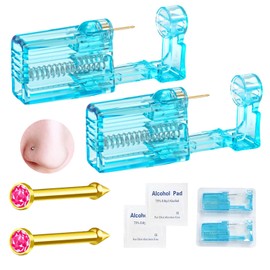 orilace 2 Pack Nose Piercing Kit, Disposable Self Piercing Kit Built-in Nose Stud At Home Piercings Gun Easy Use Crystal Blue Shell Nose Piercer Kit (Gold Pink-G199)
