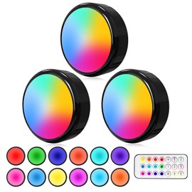 ILYXY LED Puck Lights with Remote, 3 Pack Under Cabinet Lighting, Battery Operated Push Light, Dimmable & Color Changing Tap Lights, Stick-On, Shiny Black