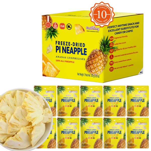 ONETANG Freeze-Dried Fruit Pineapple Chips, 10 Pack Single-Serve Pack, Non GMO, Kosher, No Add Sugar, Gluten free, Vegan, Holiday Gifts, Healthy Snack 0.35 Ounce