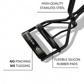 Beauty Power Eyelash Curler - Crimps & Curls Lashes for Perfect, Eye-Framing Fringe - Gentle & Safe - Includes 2 Replacement Pad - Brush for Eyebrows - Sating Travel Bag (Black)