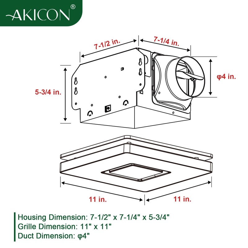Akicon Exhaust Fan with Light Combo, 90 CFM, 1.5 Sones,15W