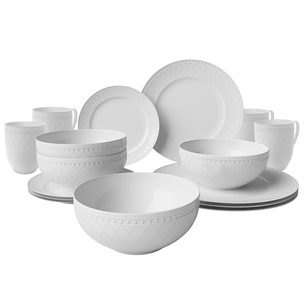 Yoshy 16-Piece White Embossed Mesh Bone China Dinnerware with Lightweight