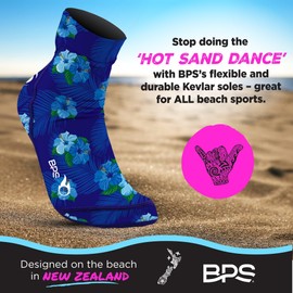BPS New Zealand ‘Piha’ Beach Volleyball Socks Sand Soccer Socks SandProof Beach Booties with Flexible Kevlar Sole, Hibiscus Blue With Rubber Grip Soles, Large