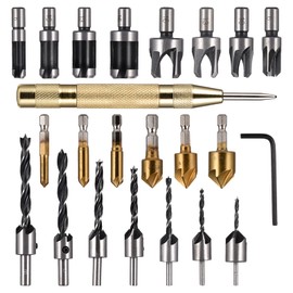 VideoPUP 23Pcs Woodworking Drilling Chamfer Tool, 8PCS Wood Plug Cutter, 6pcs 1/4" Hex 5 Flute 90 Degree Countersink Drill Bits,7pcs Countersink Drill Bit, L-Wrench, Automatic Center Punch