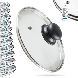 Vilde Glass lid with stainless steel ring for pot and pan, diameter (18 cm), 12, 14, 16, 18, 20, 22, 24, 26, 28, 30, 32 cm, 200 °C heat-resistant glass, pan lid, universal lid