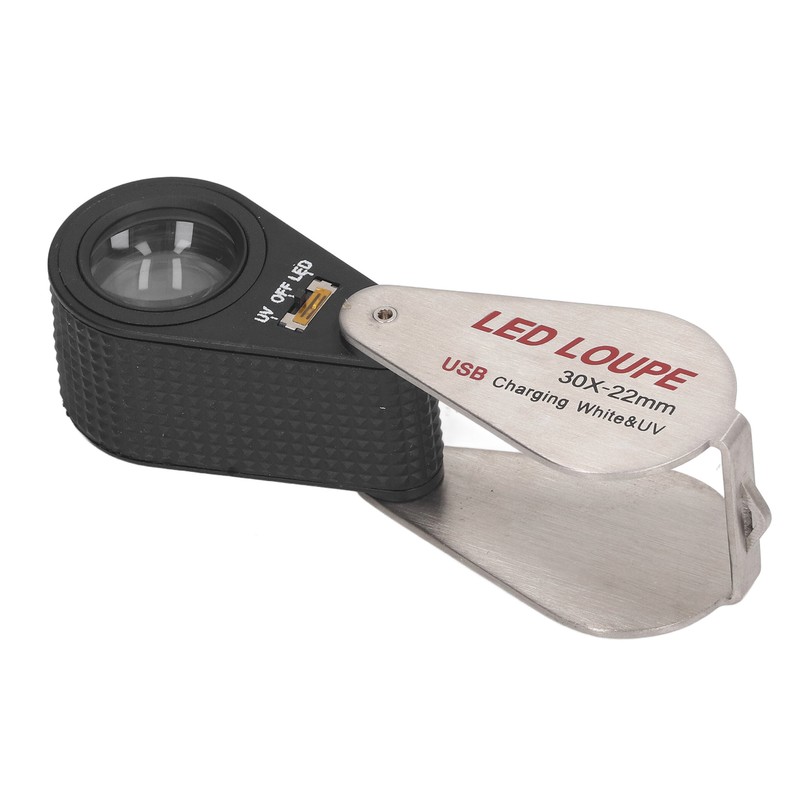 LED UV Loupe Rechargeable Foldable Portable Metal 30X Pocket Magnifier