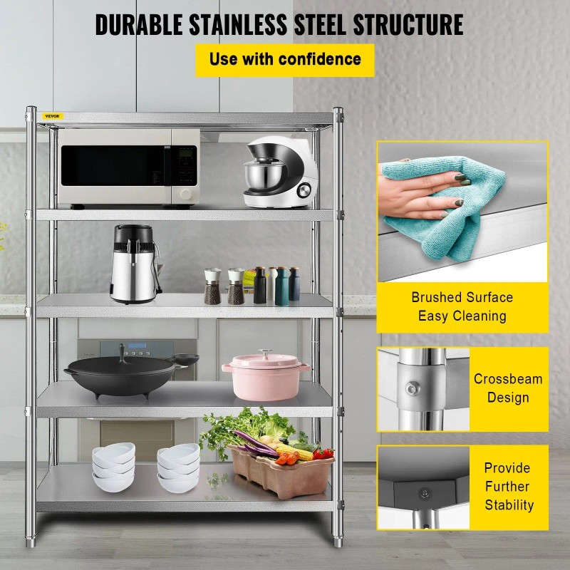 5 Tier Stainless Steel Shelving 47.5x18 Inch Heavy Duty Rack