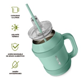 HIKEO Termo de Acero Inoxidable de Doble Pared Extra Grande 1.5 Litros, Vaso Térmico con Popote y Tapa Hermética. Mantiene Bebidas Frías Hasta 10 Horas y Calientes 8 Horas, para Agua, Café y más