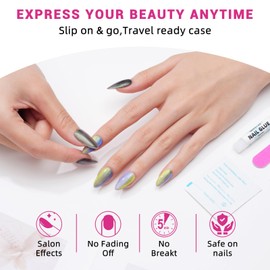 Blue Ombre Press on Nails Short Almond, GLAMERMAID Handmade Chameleon Gel Magnet Cat Eye False Nails, Glitter Magnetic Glue on Nail, Stiletto Jelly Stick On Nail,Fluorite