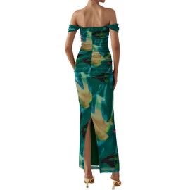 PRETTYGARDEN Maxi Dresses for Women 2025 Summer Elegant Floral Off Shoulder Ruched Mesh Cocktail Wedding Guest Dress (Green Big Floral,Medium)