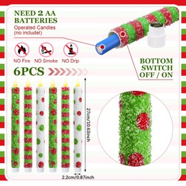 Baquler 6 Pcs Christmas Flameless Taper Candles 10.6 Inch Elf Theme Candles Battery Operated LED Christmas Candlesticks for Xmas Centerpiece Holiday Party Decor