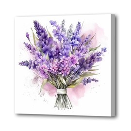 LURENCZH Lavender Canvas Wall Art Purple Bouquet Picture Prints Watercolor Rustic Flower Paintings for Farmhouse Bathroom Decor Framed(Lavender-1,12.00" x 12.00")