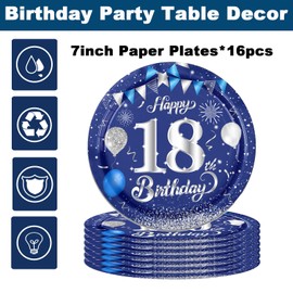 16Pcs Navy Blue 18th Birthday Plates 7inch Paper Plate for 18th Party Decorations Blue,18th Birthday Decorations Plates for Man Men Him Party Paper Plates 7" Tableware for 18th Dinner Paper Plates