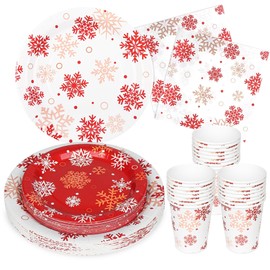 Christmas Snowflake Paper Plates and Napkins Red White Snowflake Plates Cups Party Supplies Disposable Dinnerware Set for Xmas Winter Holiday Decor,Serves 25