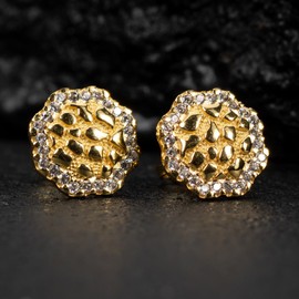 Hip Hop Round 14K Yellow Gold Plated 925 Sterling Silver Circle Big 90's Ice Out Cz Man Hypoallergenic Solid Gold Nugget Large Stud Screw Back Post Earrings For Men