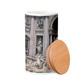 Fabulous Ceramic Pot with Lid Bamboo - View of Rome Italy Trevi Fountain World Heritage - 30 oz - Kitchen Utensils Pot