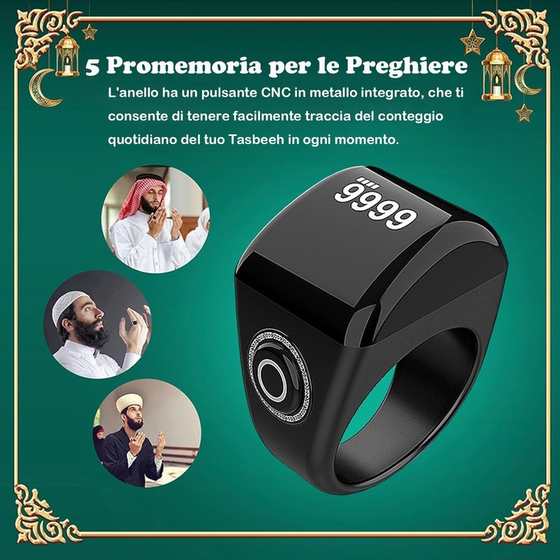 KEWAYO Anello Smart Tasbih, Contatore Preghiere, Clicker Digitale, Ricaricabile, Dito,