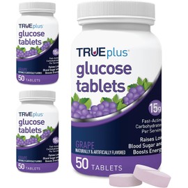 TRUEplus Glucose Tablets, Chewable, Grape Flavor, 15g Fast-Acting Carbohydrates, Fat Free, Gluten Free, Boost Energy, 50 Count, 3 Bottles
