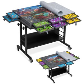 Tektalk 2000 Piece Foldable Felt Jigsaw Puzzle Board with Height Adjustment, Puzzle Table with 2 Felt Cover & 8 Sorting Trays/Drawers, Easel with Legs, Enclosed with 4 Roller Wheels (Dark Gray)