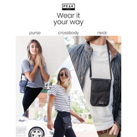 Peak Gear RFID Neck Wallet - The Original Travel Pouch with Adjustable Crossbody Strap + Theft Protection and Lost & Found Service | Black