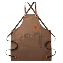 EWIZ Cotton Canvas Apron with 4 Pockets and Adjustable Cross Back Straps, Cooking Aprons for Men or Women Chef Waiters Artists Barista Bartender BBQ Aprons (M,Brown)