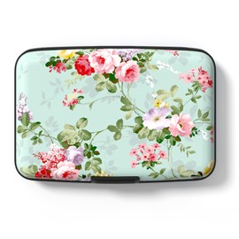Credit Card Holder for Women, Mini RFID Metal Credit Cards Wallet Cute Business Card Holder Pocket ID Case, Green Flowers