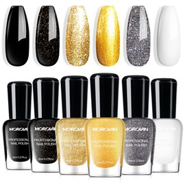 Morovan Nail Polish Set Fingernail: Black Gold White Glitter Nail Polish Kit Shimmer Sparkle Sliver Air Quick Dry Glossy Nail Pack for Nail Art Manicure 2025 Summer Holiday Gift Party for Women