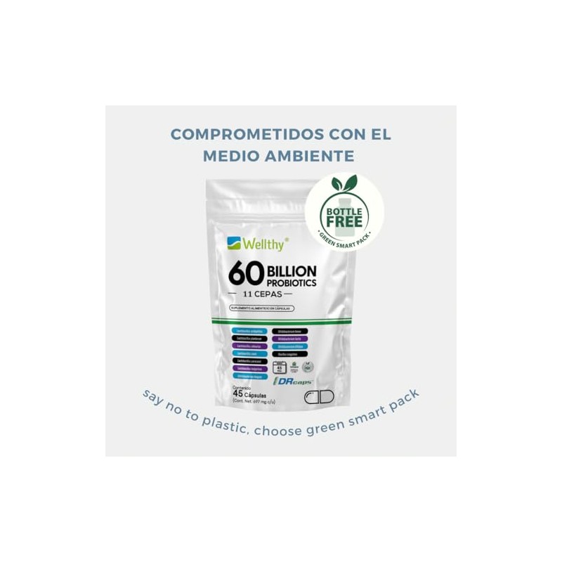 Wellthy Probioticos 60 Billones 11 Cepas. 45 Cápsulas Mes y