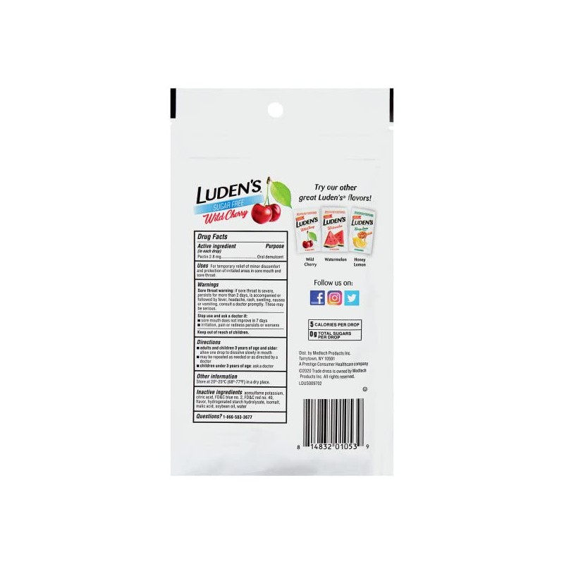 Luden's Sugar Free Wild Cherry Throat Drops, Sore Throat Relief,