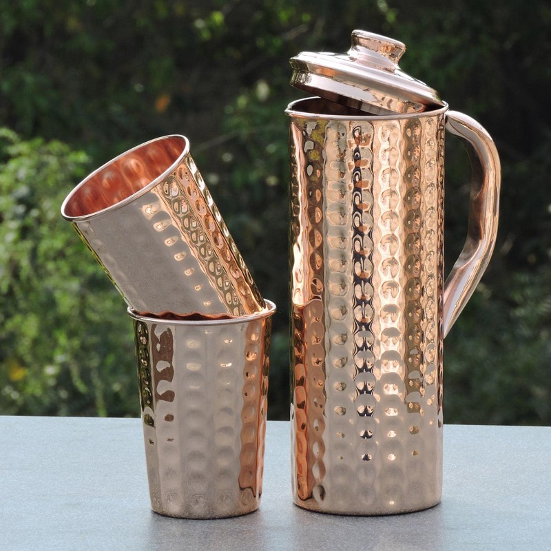 Pure Copper Hammered Jug 1 Litre Capacity with 2 Cups
