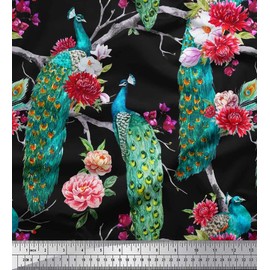 Soimoi Cotton Canvas Fabric Floral & Peacock Bird Printed Fabric 1 metre 42 Inch Wide
