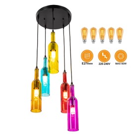 Eapmic 5 Heads Wine Bottle Pendant Light Kit, Vintage Industrial Style Glass Bottle Light Fixture Chandelier Decorative Lamp for Kitchen Island Dining Room Cafe Bar Restaurant