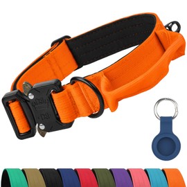 Joytale Heavy Duty Dog Collar with Handle, Adjustable Tactical Military Nylon Collar with Quick Release Metal Buckle for Medium Dogs Walking Training, Soft Lining, Dual Rings, AirTag Case, M, Orange