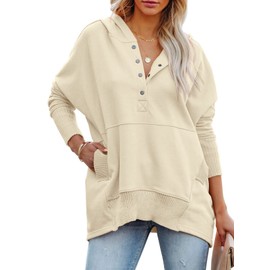 PRETTYGARDEN Loose Casual Button V Neck Hoodies for Women Long Sleeve Oversized Pullover Sweatshirt Hooded Tops Fall with Pockets (Apricot,Large)
