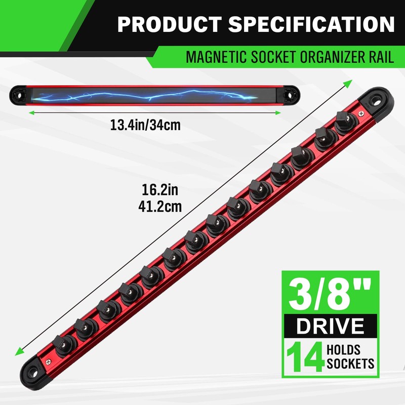 3/8-Inch Magnetic Socket Organizer Rail, Aluminum Alloy Socket Rail, Heavy