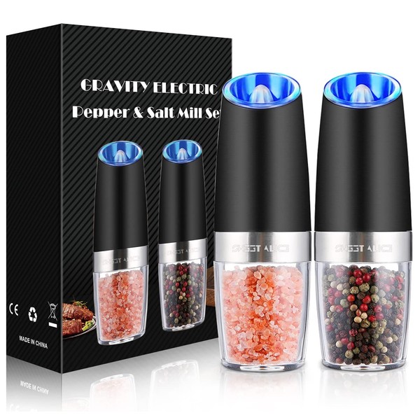 Gravity Electric Pepper and Salt Grinder Set, Adjustable Coarseness, Battery Powered with LED Light, One Hand Automatic Operation, Stainless Steel Black, 2 Pack