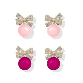 2 Pairs Christmas Bow Earrings for Women 2025 Dainty Pearl Rhinestone Bow Earrings Gold Silver Colorful Cute Earring for Prom Wedding Party Holiday Accessories Stocking Stuffers Holiday Jewelry (Pink+RoseRed)