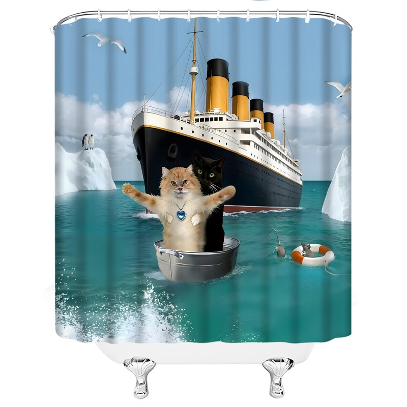 Funny Cat Shower Curtain Cute Black Beige Cat Blue Ocean