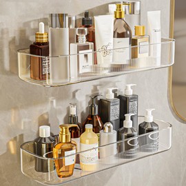 Halyuhn Acrylic Shower Shelves 4Pack, 14" Clear Plastic Wall Shelf Organizer for Bathroom and Kitchen, No Drilling Wall Adhesive Shelf, Bathroom Shelves Organizer for Wall Storage, Large Capacity