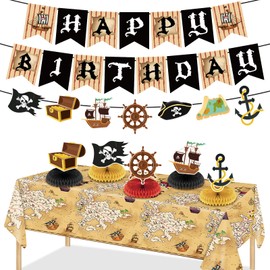 7Pcs Pirate Party Decorations Pirate Birthday Decorations Includ Pirate Birthday Banner Honeycomb Centerpieces Tablecloth for Men Boys Kids Pirate Theme Birthday Adventure Baby Shower Party Supplies